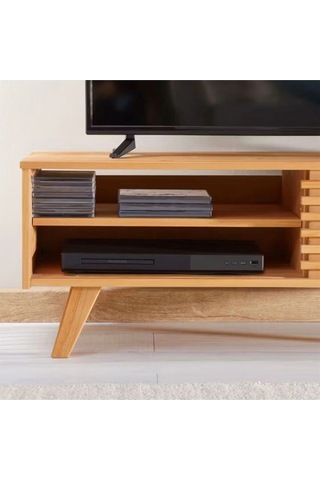 Scandiline Modern Ahşap Tv Ünitesi Izgara Kapaklı Minimal Tasarım Natural