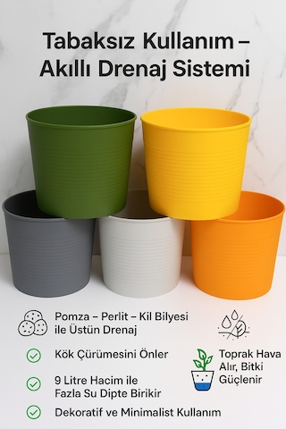 5 Li 9 Litre Renkli Kırılmaz Saksı Seti + 1 Litre Sulama Hediyeli Esnek Malzeme Tabaksız
