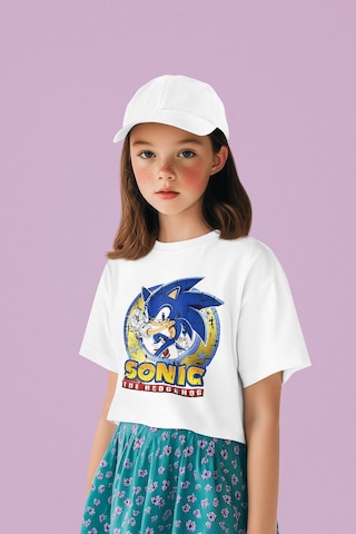 Sevbano Vintage Eskitme Sonic The Hedgehog Baskılı Unisex Çizgi Film Çocu Beyaz
