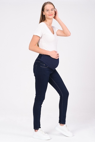 Busa Hamile Esnek Karın Bantlı Skinny Termal Kot Pantolon Mavi-mavi