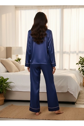 Premium Saten Pijama Takımı Lacivert, Uzun Kollu Ve Biye Detaylı