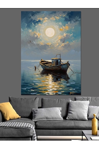Ahşap Tablo Gece Denizde Yalnız Tekne Çocuk Odası Tabloları