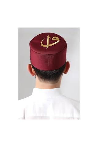 Bordo Kapitone Elif Vav Nakışlı Kalıp Namaz Takkesi Bordo