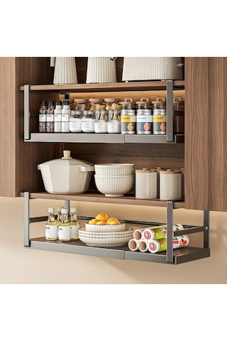 Honeybeeshop 1 Adet Siyah Büyük Ayarlanabilir Metal Dolap Rafı Baharat Şişeleri Ve Soslar İçin Genişletilebilir Mutfak Depolama Rafı