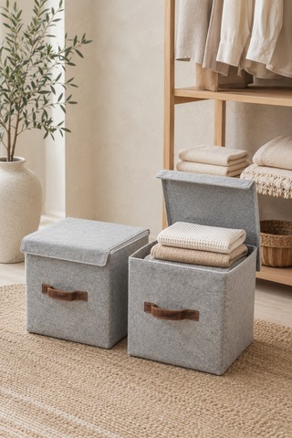 2'li Gri Keçe Kapaklı Küp Kutu Seti 25 X 25 X 25 Cm Deri Kulplu, Katlanabilir, Düzenleyici Kutu