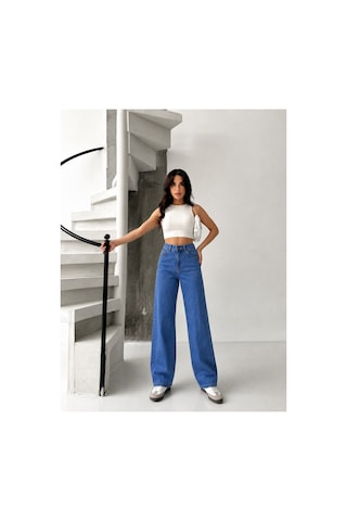 Kene Jeans Mavi Likralı Boyfriend Bol Paça Denim Pantolon Mavi