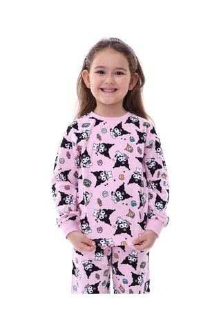 Kız Çocuk Kedi Desenli Uzun Kollu Pijama Takımı-913 Pembe