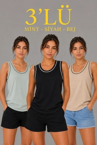 Valensdesign 3 Lü Kolsuz Sporcu Atlet Seti Yazlık Bisiklet Yakalı - Mint Yeşili, Siyah, Bej Çok Renkli