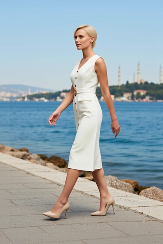 Benerly Kadın V Yaka Kolsuz Bodycon Kalıp Midi Boy Dokuma Elbise Kemerli Beyaz