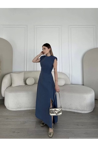 Keten Yandan Yırtmaçlı Uzun Elbise Sıfır Kol Elbise - Mavi Mavi