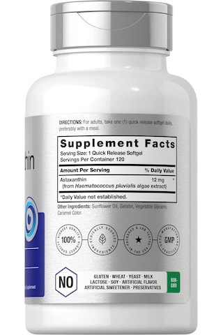 Horbäach Astaxanthin Triple Strength Eyes Skin Health 12mg 120 Softgels Aromasız