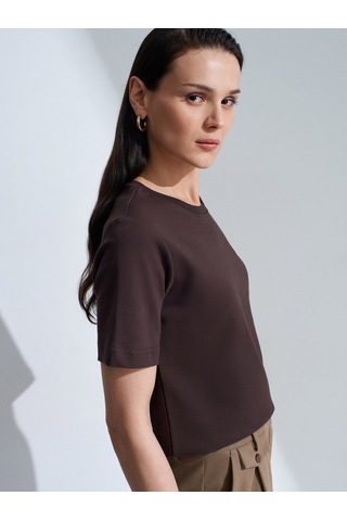 Dilvin 31763 %100 Pamuk Bisiklet Yaka T-shirt-koyu Kahve Kahverengi