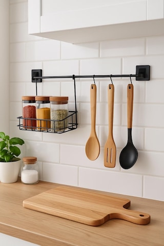 2 Parça Metal Askılı Mutfak Organizeri & Mutfak Rafı & Sepet Siyah