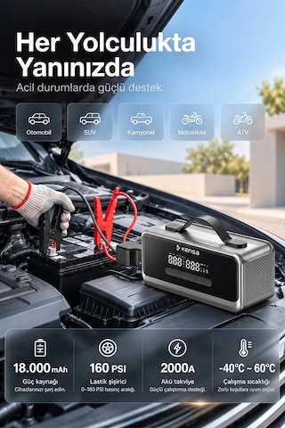 Araç Süpürgeli Akü Takviyeli Jump Starter & 160 Psı Kompresör Araç Kiti 18.000 Mah