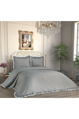 Kapitoneli Fırfırlı 3 Parça Çift Kişilik Yatak Örtüsü Gri