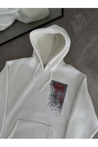 İkales Uzun Kol Kapşonlu Ön Ve Arka Baskılı Sweatshirt - Beyaz