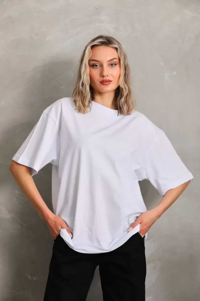Amorluxe Unisex Bisiklet Yaka 20/1 Düz Oversize T-shirt - Beyaz