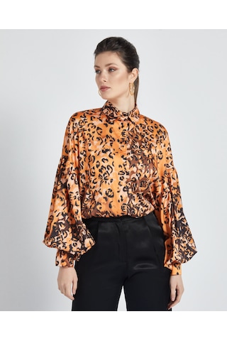 Serpil Exclusive Kadın Leopar Desenli Gömlek - Balon Kol - Saten - Modern Ve Şık Tasarım - Günlük Ve Özel Gün Kullanımı İçin Gömlek Orange