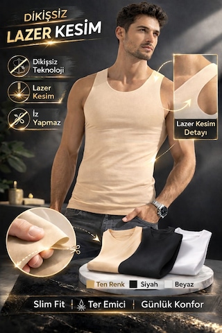 Qulat Berrak Erkek Lazer Kesim Görünmez Dikişsiz Atlet %85 Pamuk %15 Elastan Slim Fit İz Yapmaz/ 2 Adet Bej