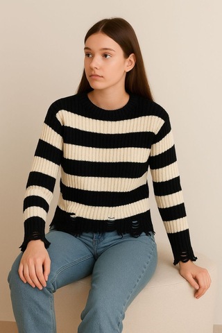 Hira Life Fashion Kadın Çizgili Kol Delikli Kazak Lacivert-beyaz Lacivert-beyaz