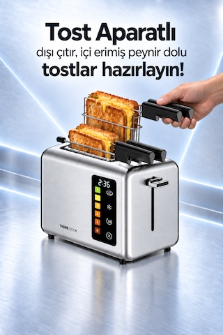 Tıgrecook 2 Dilim Kapasiteli Tost Aparatı Ve Ekmek Isıtma Raflı Dokunmatik Ekmek Kızartma Makinesi