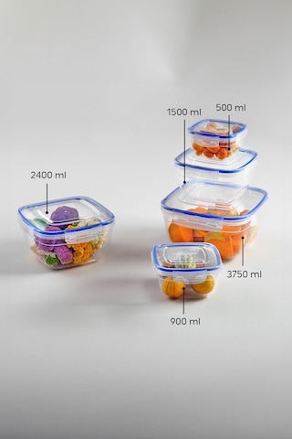 Kare 5 Parça Contalı Vakumlu Sızdırmaz Hava Almaz Saklama Kabı Seti 3750/2400/1500/900/500 Ml Şeffaf