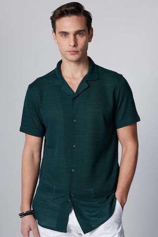 Tudors Slim Fit Kısa Kollu Dar Kesim Apaj Yaka Örme Kumaş Yazlık Petrol Erkek Gömlek-31155-petrol Petrol