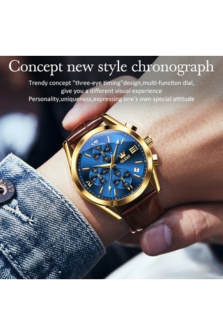 Olevs 2872 Erkekler Üç Göz Altı İğne Kronograf Su Geçirmez Kuvars Saat Mavi + Altın