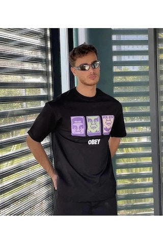 Wear Vexel Erkek Bisiklet Yaka Baskılı Oversize Kısa Kol T-shirt - Siyah Çok Renkli