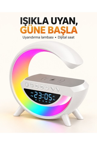 Şarjlı Hoperlör 7 Led Işıklı Bluetoothlu Alarm Saat Şarj İstasyonu Ritme Göre Renk