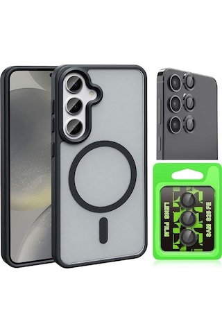 Vendas Galaxy Uyumlu S25 Fe Kılıf M-safe Şarj Özellikli Mat Arka Yüzey Zore Sio Kapak + Kamera Lens Koruyucu Siyah