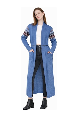Onno Style Woman Standart Beden Kilim Desenli Uzun Triko Ceket Mavi
