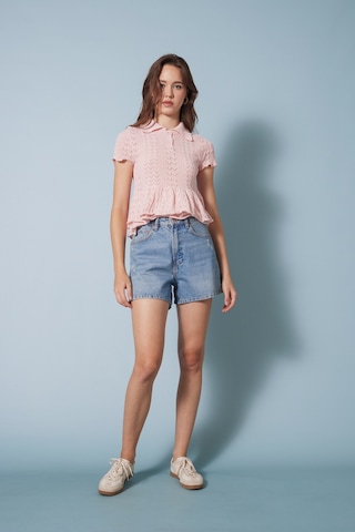 Avrile Fırfırlı Polo Yaka Triko Bluz Pembe