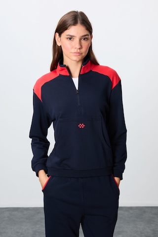 Tommy Life İndigo Kompakt Pamuklu Kalın Pürüzsüz Dokulu Dik Yaka Oversize Fit Kadın Eşofman Takım - 95342 Indıgo İndigo