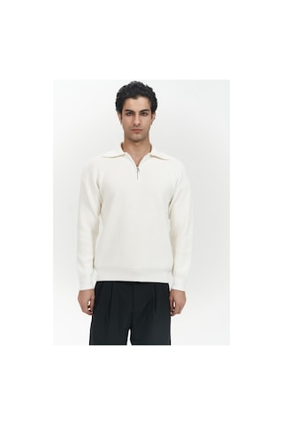 Oberon Polo Yaka Yarım Fermuarlı Ekru Erkek Triko Kazak Ekru