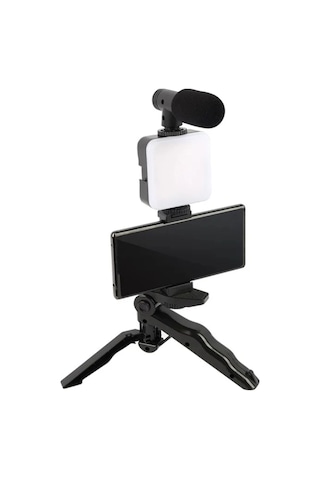 Shopytech 5 İ 1 Arada Mikrofonlu Led Işıklı Vlog Kiti Tabanca Tutuşlu Masaüstü Tripod & Selfie Stick 1 Adet