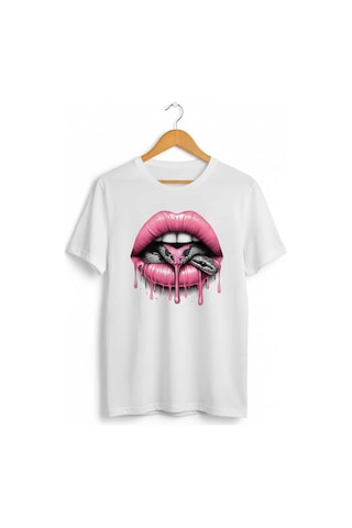 Kadın Beyaz Siyah Yılan Detaylı Dudak Baskılı Regular T-shirt Beyaz