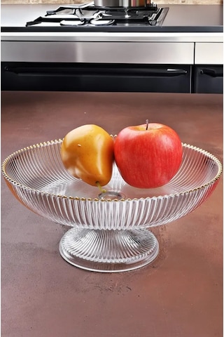Cam Ayaklı Gold Şeritli Cam Meyvelik 24,5 Cm şeffaf