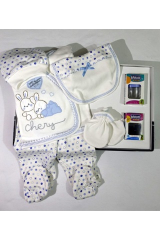Bombinoo Beyaz-mavi Tavşan Emzikli 7'li Bebek Takımı Beyaz - Mavi