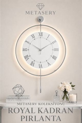 Gümüş - Royal Kadran Exclusive - Pilli Led - 3 Pil İle Gelir - Metal Duvar Saati