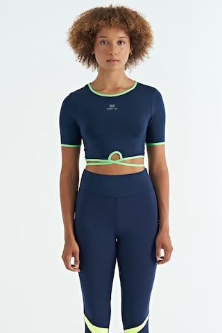 Tommy Life İndigo Bel Bağlama Detaylı O Yaka Standart Kalıp Dalgıç Kumaş Kadın Crop T-shirt - 97266 Indigo