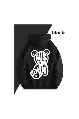 Nevermind Wisem Bear Baskılı Hoodie Trend Sevgili Kombini Oversize 3 İpli Siyah