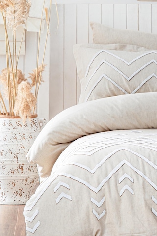 Ecocotton Talya Krem/bej Çift Kişilik %100 Organik Pamuk Keten Panç Nakışlı Nevresim Takımı Krem - Bej