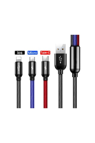 Lightning Iphone Micro Usb Type-c Hızlı Şarj Kablosu Çoklu Örgü Şarz Kablosu Tüm Cep Telefonlara Uyumlu 120cm 3 İn 1 Kablo