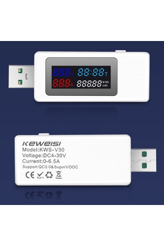 Jeemson Usb Test Cihazı 120w, 6 Fonksiyonlu Voltaj/akım/güç/süre/kapasite , Ips Renkli Ekran, 65w/120w Süper Şarj Desteği, Beyaz