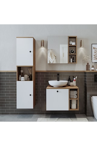 Lavabolu Mdf 65 Cm Lotus Çekmeceli Banyo Dolabı + Aynalı Dolap Atlantik Çam - Beyaz