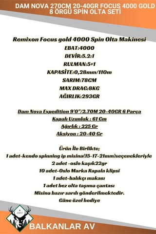Dam Nova 270cm 20-40gr Focus 4000 Gold 8 Örgü Spin Olta Seti