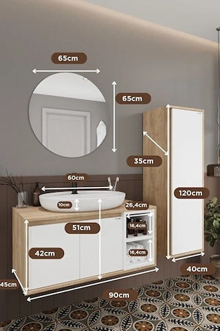 Gül Beyaz 90 Cm Banyo Dolabı Ayna Lavabo Boy Dolabı Beyaz