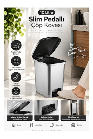 Slim Pedallı Banyo Mutfak Çöp Kovası 10 Litre Ergonomik Tasarım Plastik Malzeme İle Kullanışlı Gri