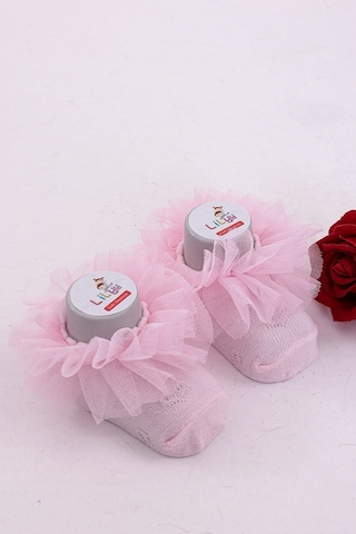 Burçak Çorap Soft Yıkamalı Kız Bebek Çorabı - Tül Ve Güpür Detaylı Pamuklu Model 4'lü Pembe